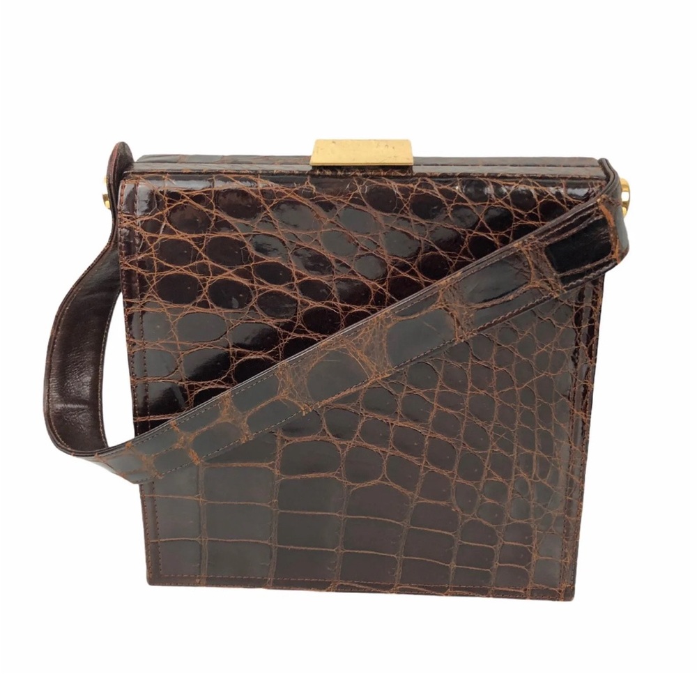 VTG Mark Cross Satchel Box Bag Brown Alligator Leather Gold Hardware Dust Bag